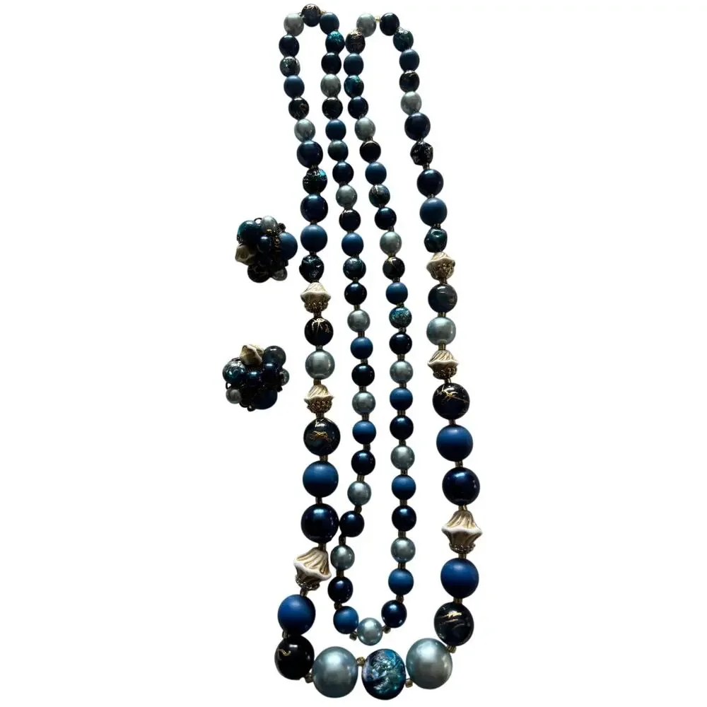 Vintage Japan Necklace and Earrings Lot 2 Blue Multi Color Gold Venetian Glass